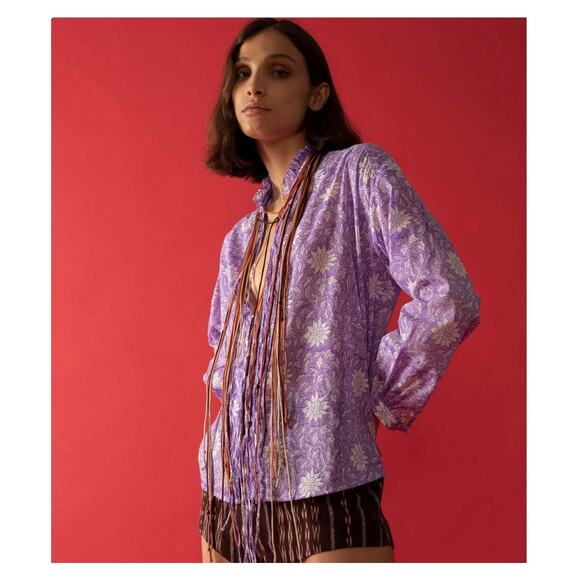 Alix of Bohemia Willa Ruffle Collar Lavender Floral Print Tie Front Blouse XS - Picture 1 of 7